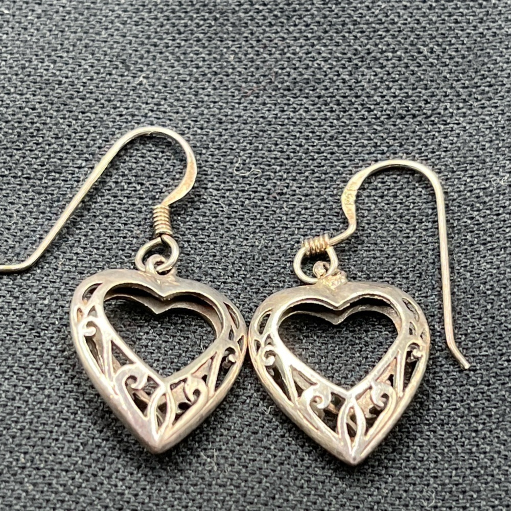 Sterling silver 3D filigree heart earrings dangly dainty